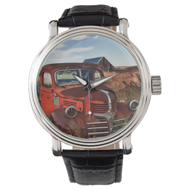 Reloj De Pulsera Camión Dodge naranja oxidado con granja abandonada (Anverso)