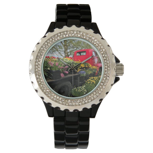 Reloj De Pulsera Camión rojo con flores de primavera y arcoiris (Anverso)