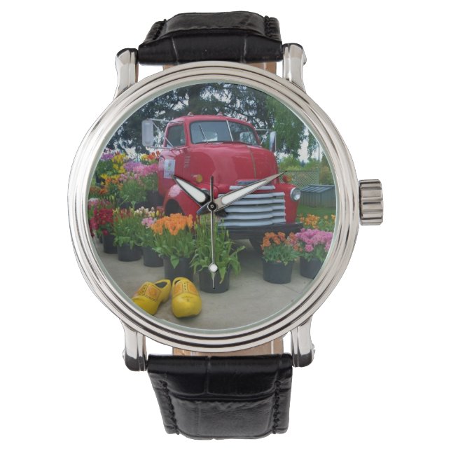Reloj De Pulsera Camión rojo con tulipanes, Oregón (Anverso)