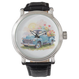 Reloj De Pulsera Camioneta azul antigua con huevos de Pascua y tuli