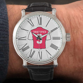 Reloj De Pulsera Camisas rojas y blancas de fútbol con números roma