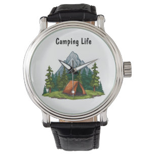 Reloj De Pulsera Camping Life, con una carpa en los bosques mochill