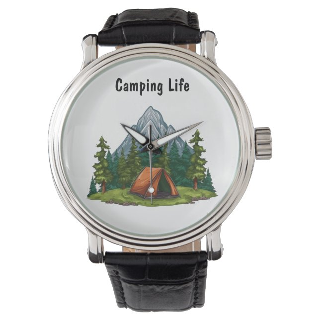 Reloj De Pulsera Camping Life, con una carpa en los bosques mochill (Anverso)