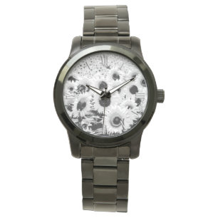 Reloj De Pulsera Campo de girasoles - negro, blanco y gris