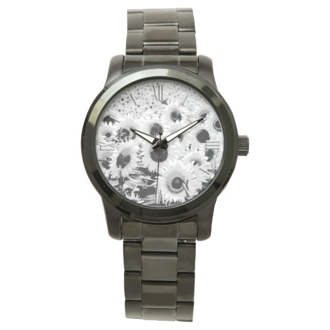 Reloj De Pulsera Campo de girasoles - negro, blanco y gris (Anverso)