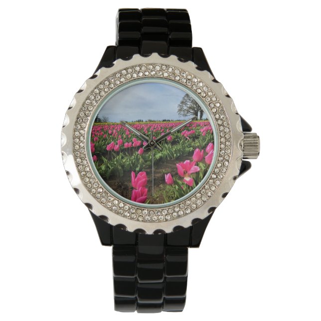 Reloj De Pulsera Campo de tulipanes rosados, Oregón (Anverso)