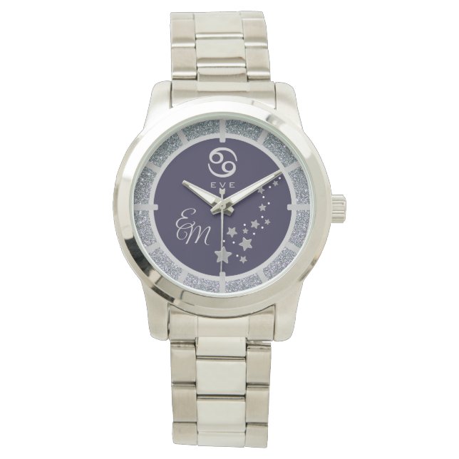 Reloj De Pulsera Cáncer Zodiac Silver Purpurina Azul oscuro Monogra (Anverso)