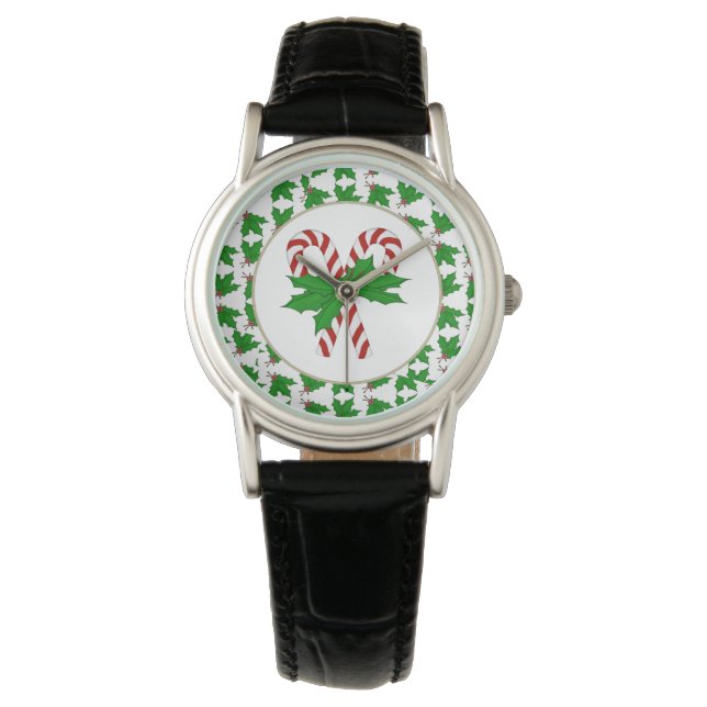Reloj De Pulsera Candy Cane y Holly Watch (Anverso)