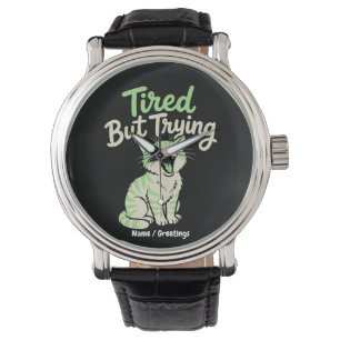 Reloj De Pulsera Cansado Pero Intentándolo Gracia Gato Bostezo Lind