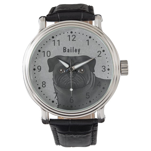 Reloj De Pulsera Cara de perro de dibujos animados Pug negro cerca  (Anverso)