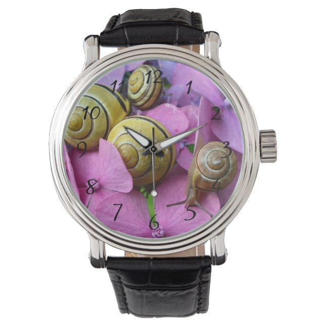 Reloj De Pulsera Caracoles de jardín en flores rosadas (Anverso)