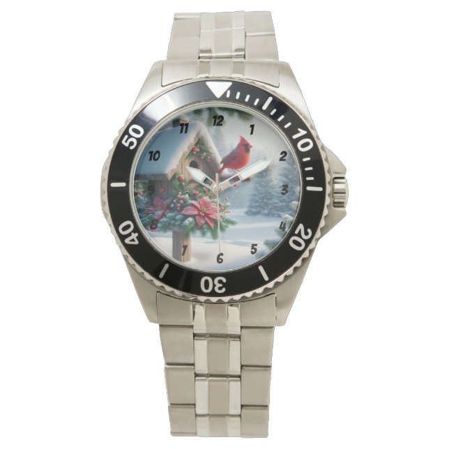 Reloj De Pulsera Cardenal de invierno en un hogar festivo (Anverso)