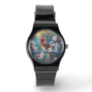 Reloj De Pulsera Cardenal masculino en flor de cerezo a la luz de l