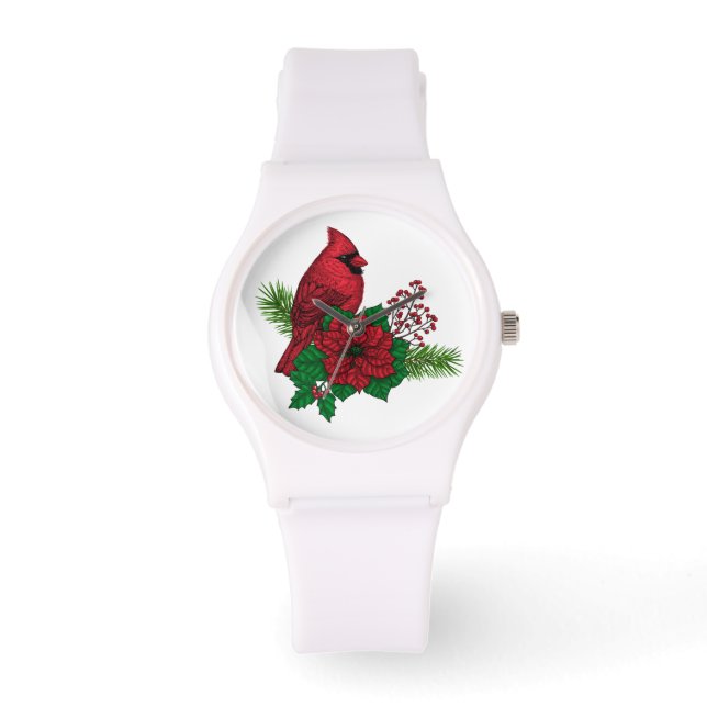 Reloj De Pulsera Cardenales rojos sobre decoración de Navidades (Anverso)