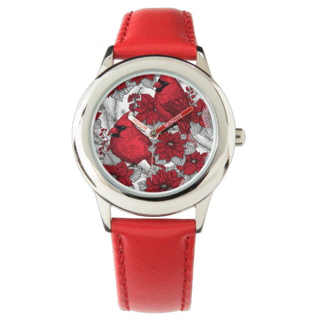 Reloj De Pulsera Cardenales y poinsettia en rojo y blanco (Anverso)