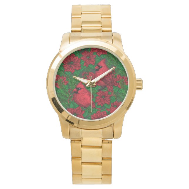 Reloj De Pulsera Cardenales y poinsettia para Navidades (Anverso)
