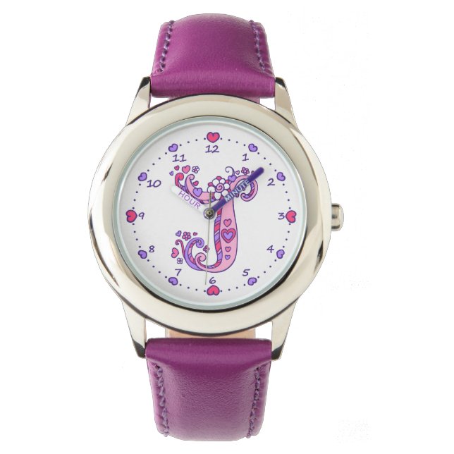 Reloj De Pulsera Carta J monograma inicial doodle chica de corazón (Anverso)