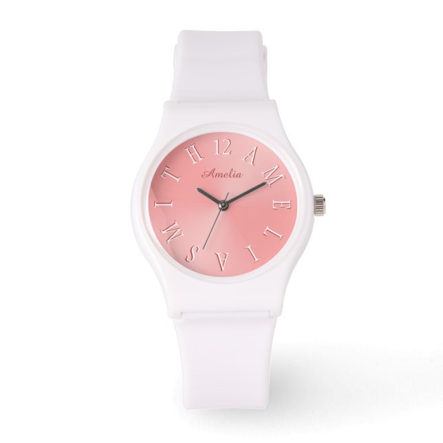 Reloj De Pulsera Carta Personalizada Dial Rosa Gradiente Dorado (Anverso)