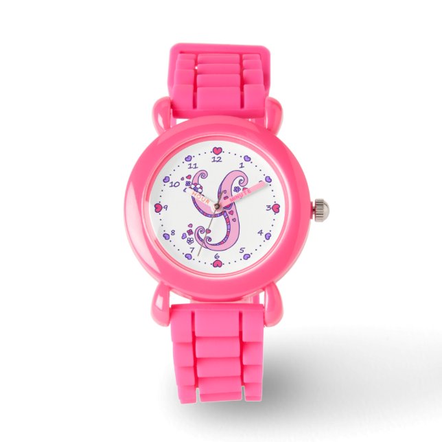 Reloj De Pulsera Carta Y chicas personalizados en monograma rosa (Anverso)