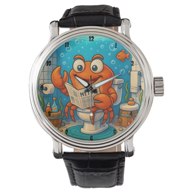 Reloj De Pulsera Cartoon Crab Reading in Underwater-themed Bathroom (Anverso)