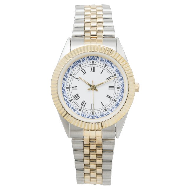 Reloj De Pulsera Casba marroquí Elegante Damasco Azul y Blanco (Anverso)