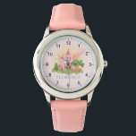 Reloj De Pulsera Castillo de chicas de Cuta y Rosa<br><div class="desc">Este mágico y lindo diseño de reloj de niños con temática de cuento de hadas presenta a un príncipe y una princesa, con un castillo rosado encantado, mariposas, flores, liebres, un ciervo mágico y hongos caprichosos. Este diseño rosa y ondulante "de vez en cuando" se puede personalizar fácilmente con el...</div>