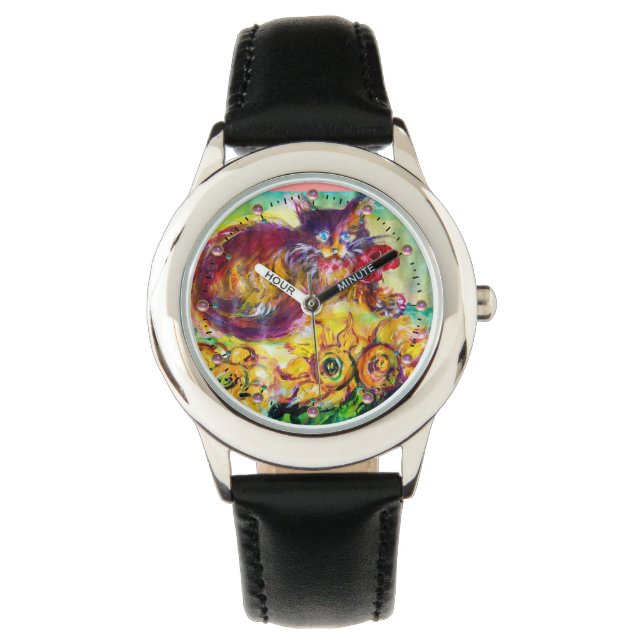 RELOJ DE PULSERA CAT CON RIBÓN ROJO Y FLORES (Anverso)