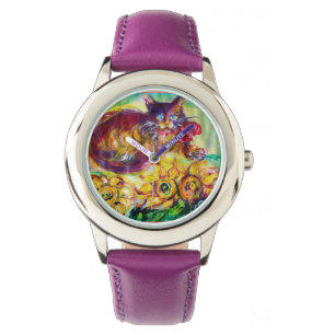 RELOJ DE PULSERA CAT CON RIBÓN ROJO Y FLORES