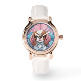 Reloj De Pulsera Cavalier King Charles Pastel Vidrio Manchado Rosa