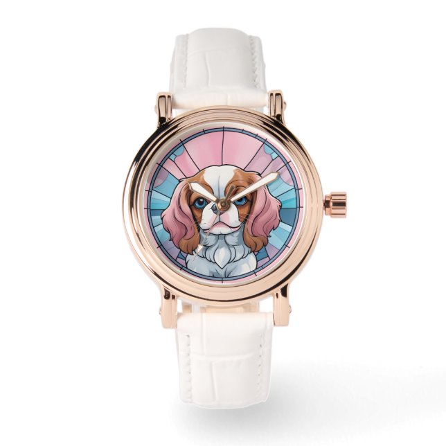 Reloj De Pulsera Cavalier King Charles Pastel Vidrio Manchado Rosa (Anverso)
