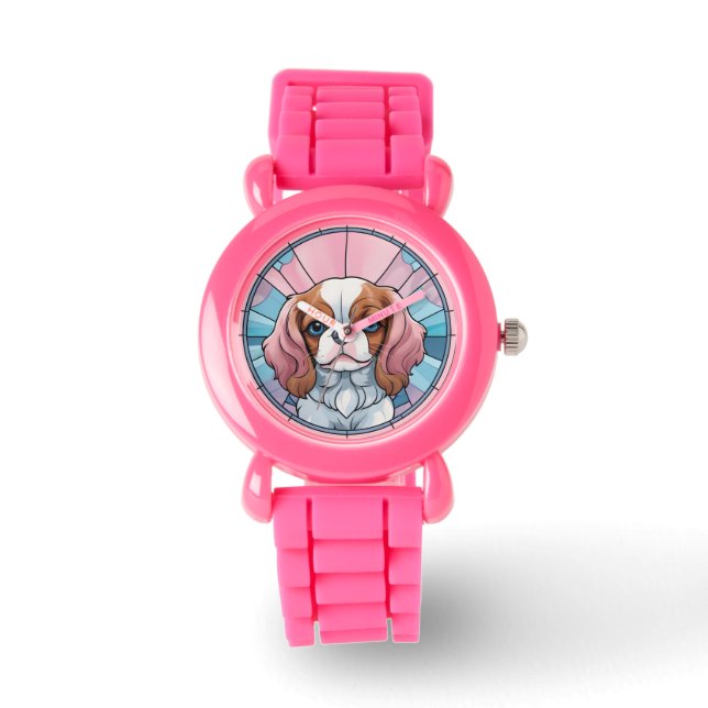 Reloj De Pulsera Cavalier King Charles Pastel Vidrio Manchado Rosa (Anverso)