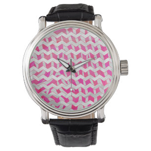 Reloj De Pulsera Cebra de Chevron blanca y rosa caliente