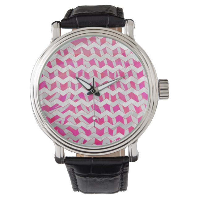 Reloj De Pulsera Cebra de Chevron blanca y rosa caliente (Anverso)