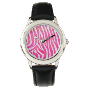 Reloj De Pulsera Cebra Rosa Fucsia y Estampado Blanco