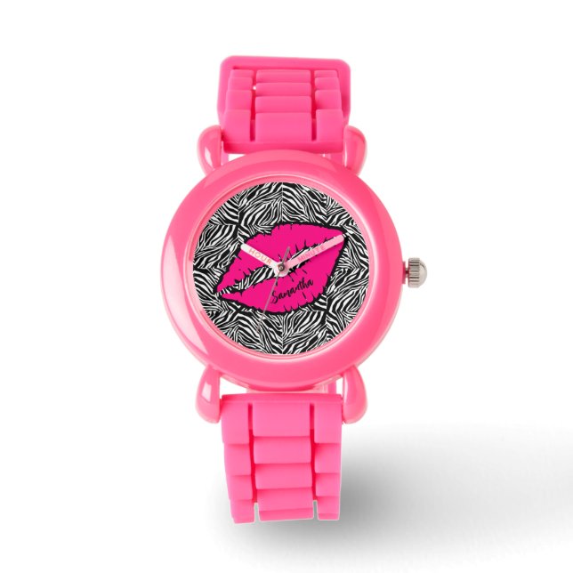 Reloj De Pulsera Cebra simple con labios rosados personalizados (Anverso)