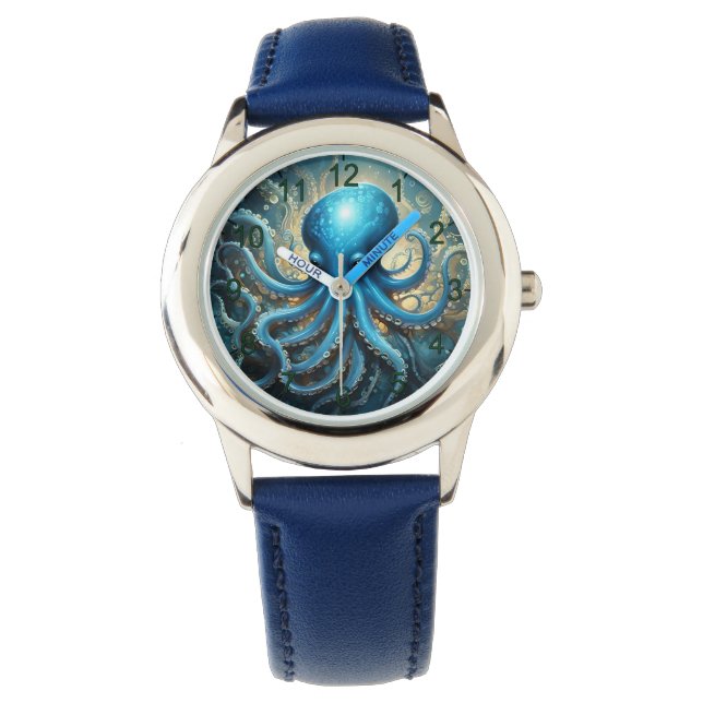 Reloj De Pulsera Celestial Waves: Blue Octopus Fractal Art,  (Anverso)