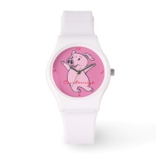 Reloj De Pulsera Cerdo rosa feliz saltando Thunder_Cove
