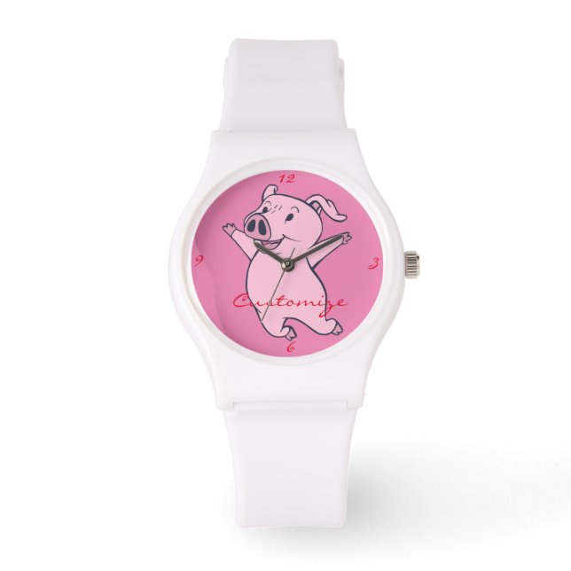 Reloj De Pulsera Cerdo rosa feliz saltando Thunder_Cove (Anverso)