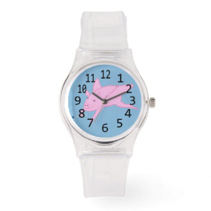 Reloj De Pulsera Cerdo rosa volando sobre relaves azules y adornado