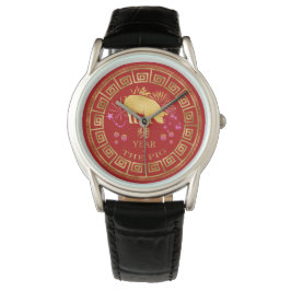 Reloj De Pulsera Cerdo zodiaco chino rojo/dorado ID542
