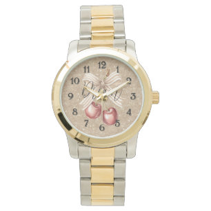 Reloj De Pulsera Cerezas Rojas Brillantes Doradas