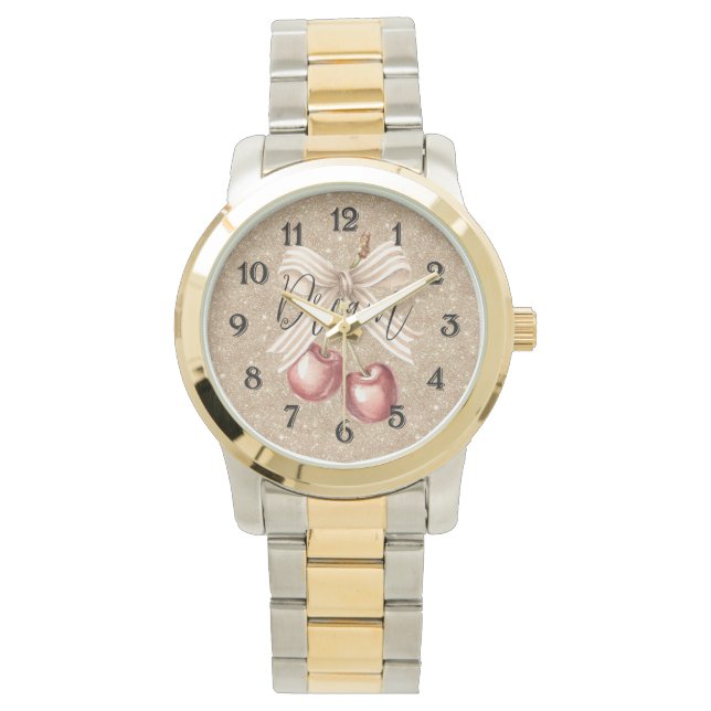 Reloj De Pulsera Cerezas Rojas Brillantes Doradas (Anverso)
