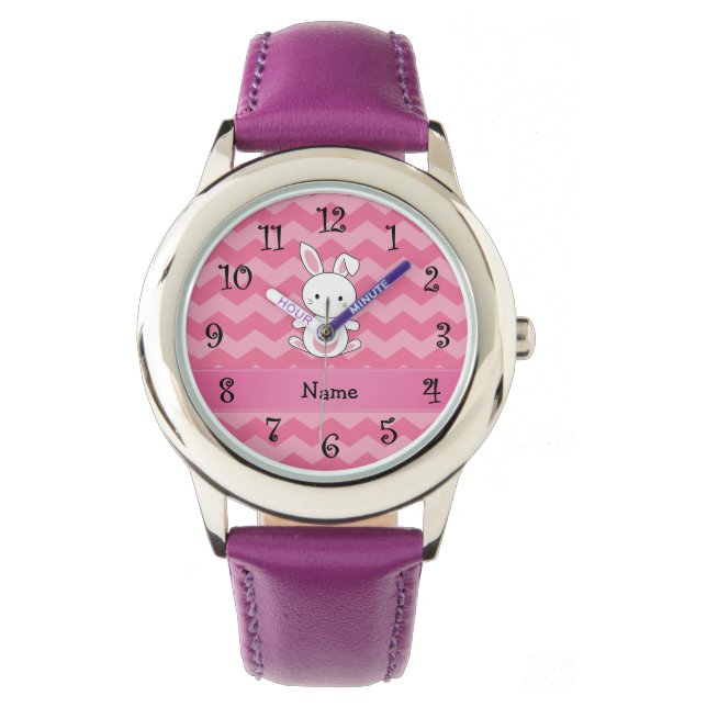 Reloj De Pulsera Cevrys rosa de conejo de nombres personalizados (Anverso)