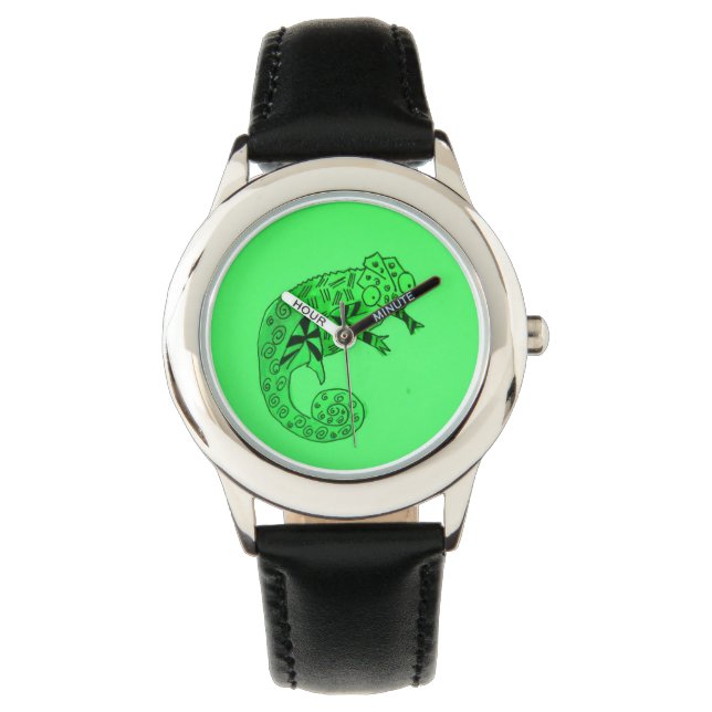Reloj De Pulsera Chameleon de tinta verde para niños negros (Anverso)