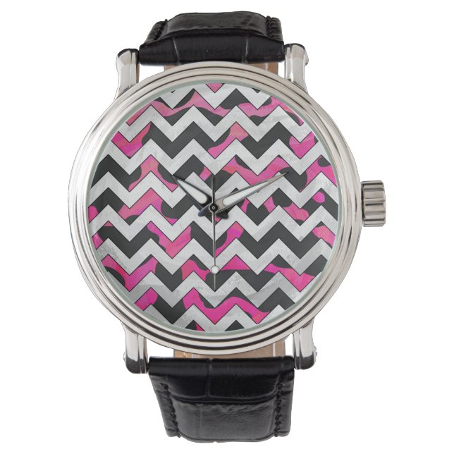 Reloj De Pulsera Chevron Cow Hot Pink and Black Print (Anverso)