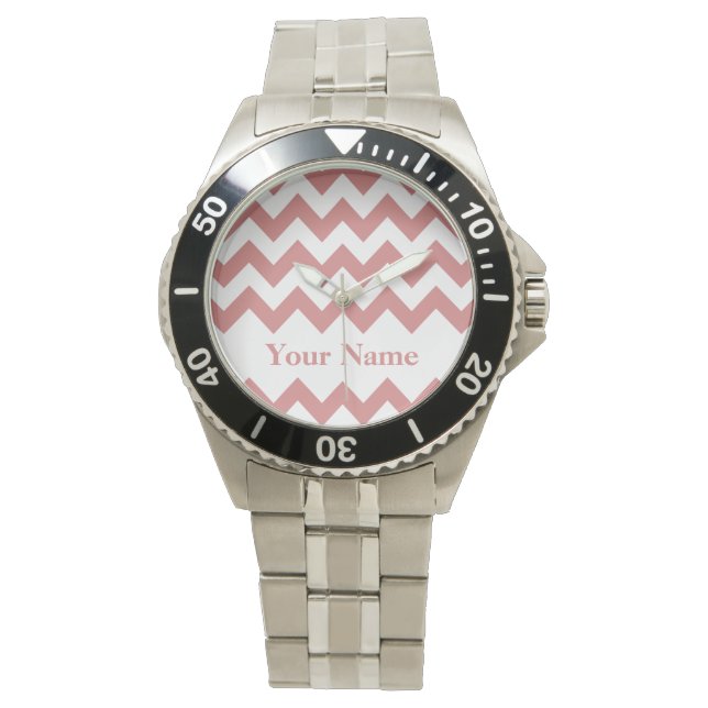 Reloj De Pulsera Chevron negrita rosa con monograma (Anverso)