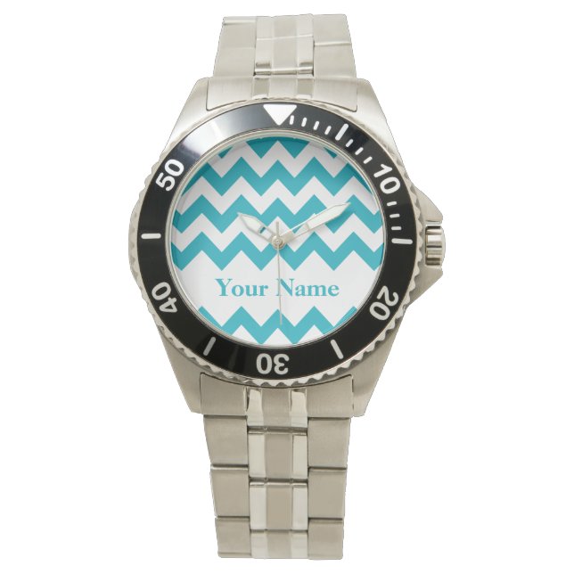 Reloj De Pulsera Chevron negrita turquesa con monograma (Anverso)