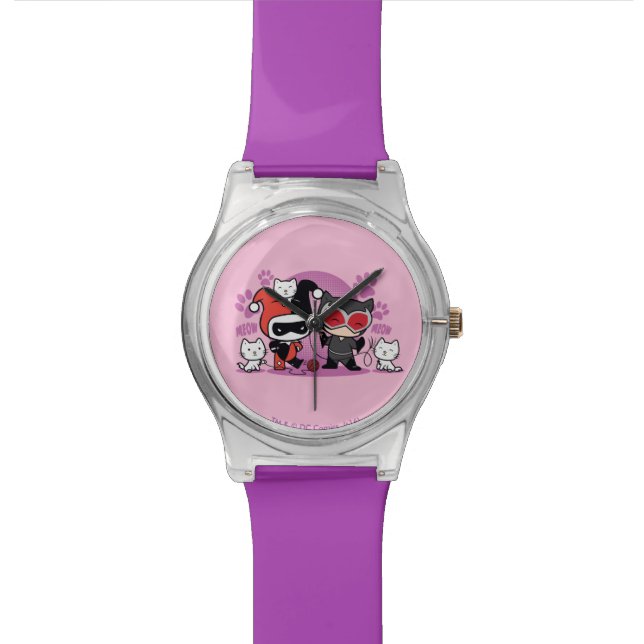 Reloj De Pulsera Chibi Harley Quinn & Chibi Catwoman Con Gatos (De cerca)