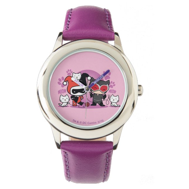 Reloj De Pulsera Chibi Harley Quinn & Chibi Catwoman Con Gatos (Anverso)