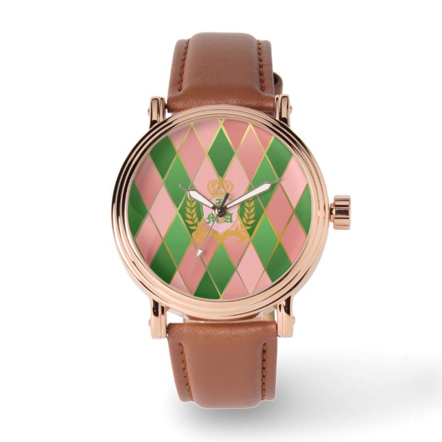 Reloj De Pulsera Chic Pink Green Argyle Monogrammed  (Anverso)